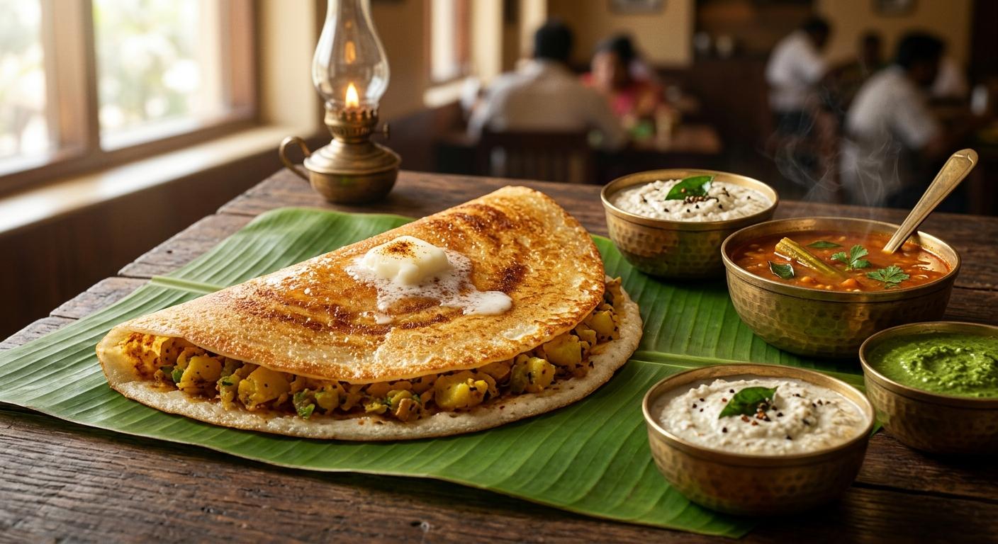 Benne masala dosa with melted butter and yellow potato filling