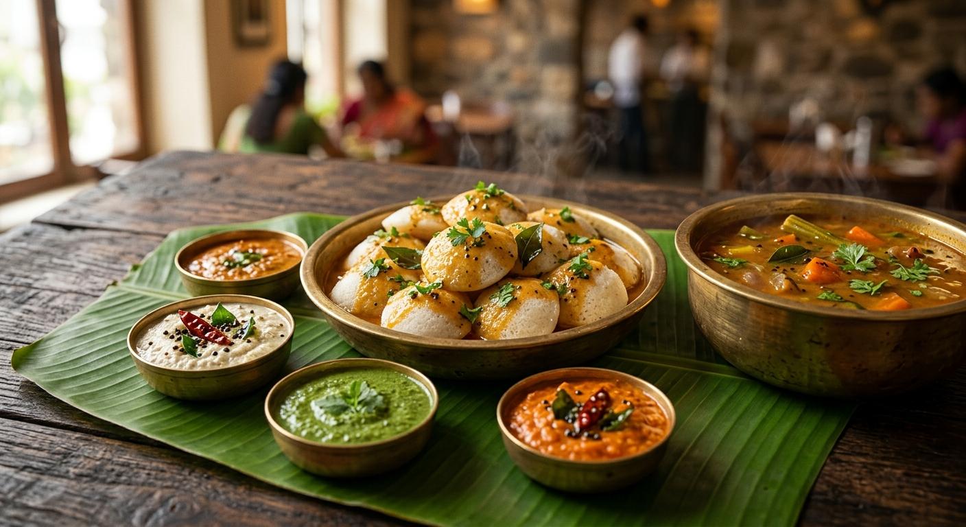 Mini button idlis glazed with ghee and sambar in a brass bowl