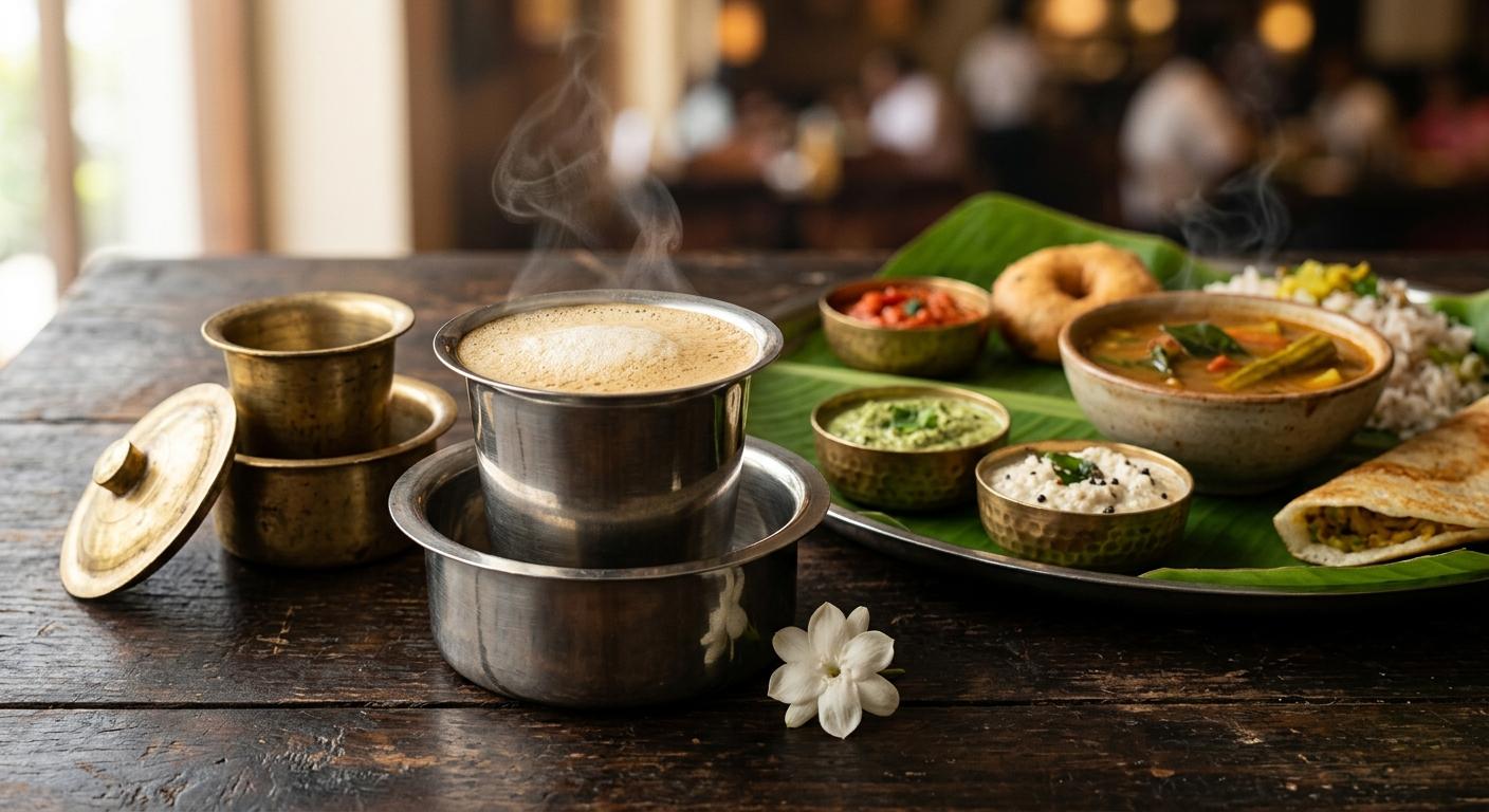 South Indian filter coffee in stainless steel tumbler and dabarah