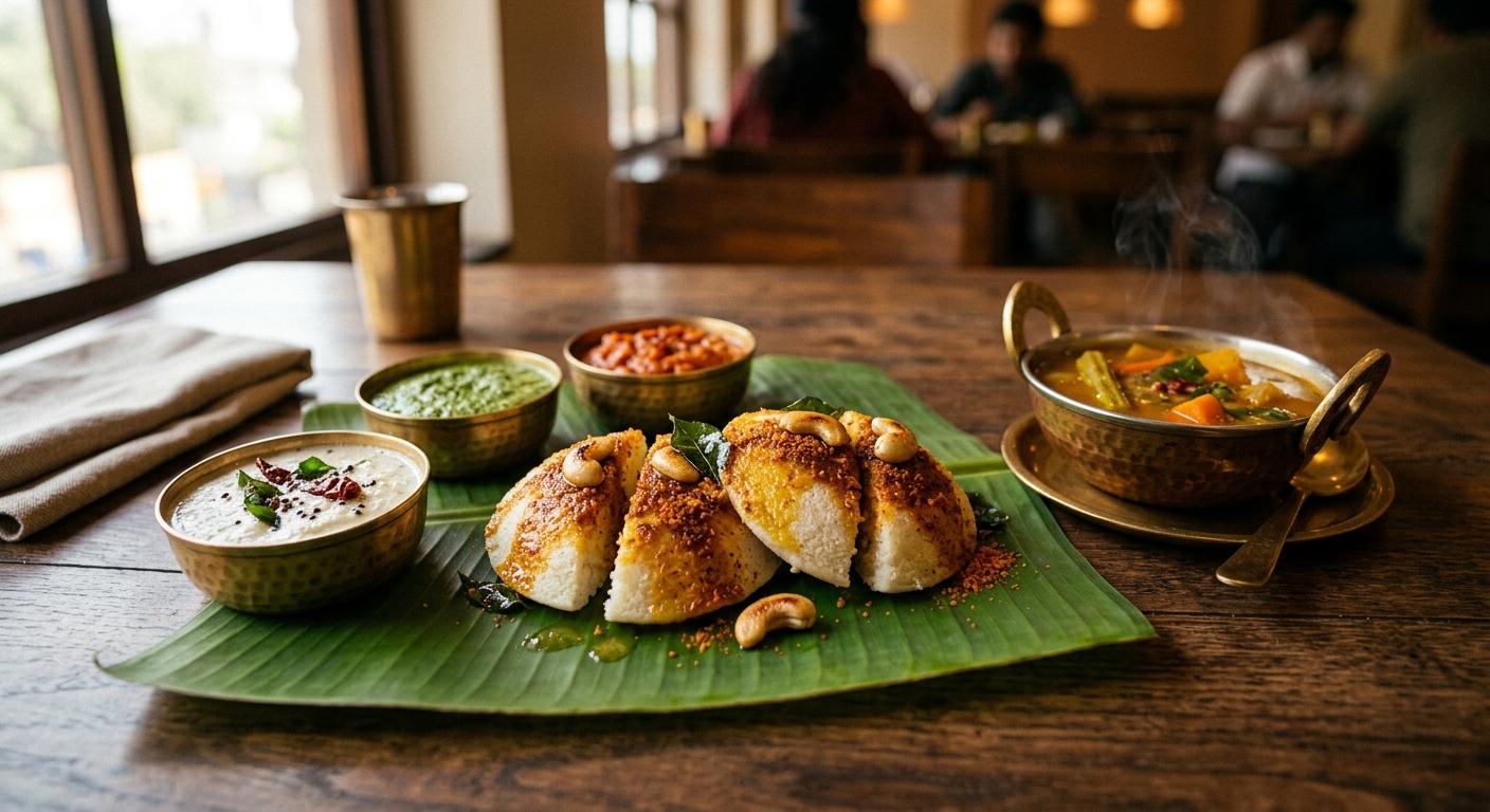 Idli quarters coated in red podi spice powder and ghee, on banana leaf