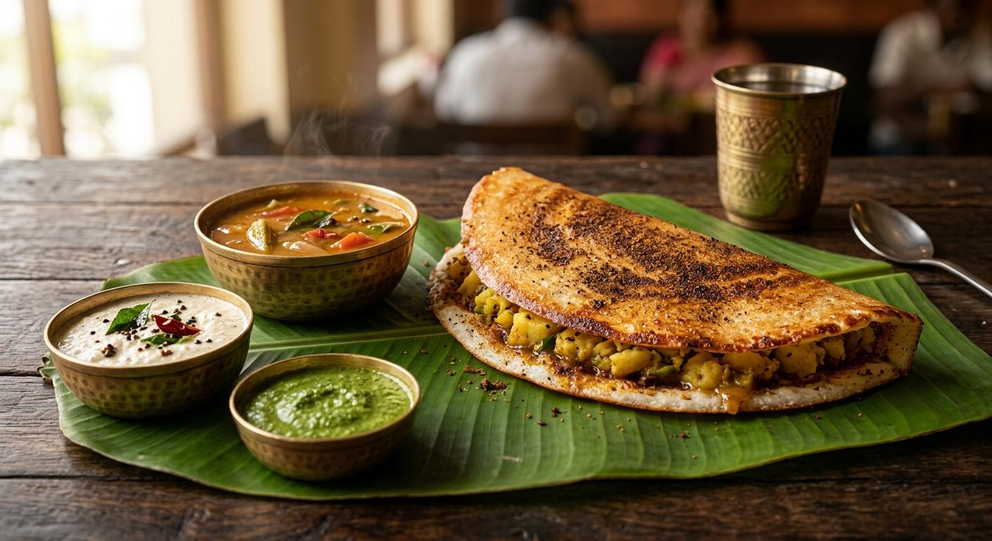 Karuva-dusted dosa folded over spiced potato filling