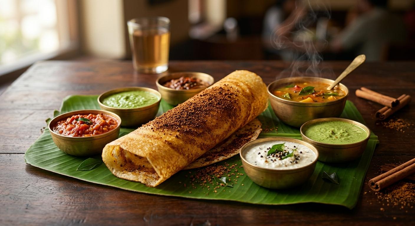 Crisp dosa dusted with dark aromatic karuva cinnamon spice podi