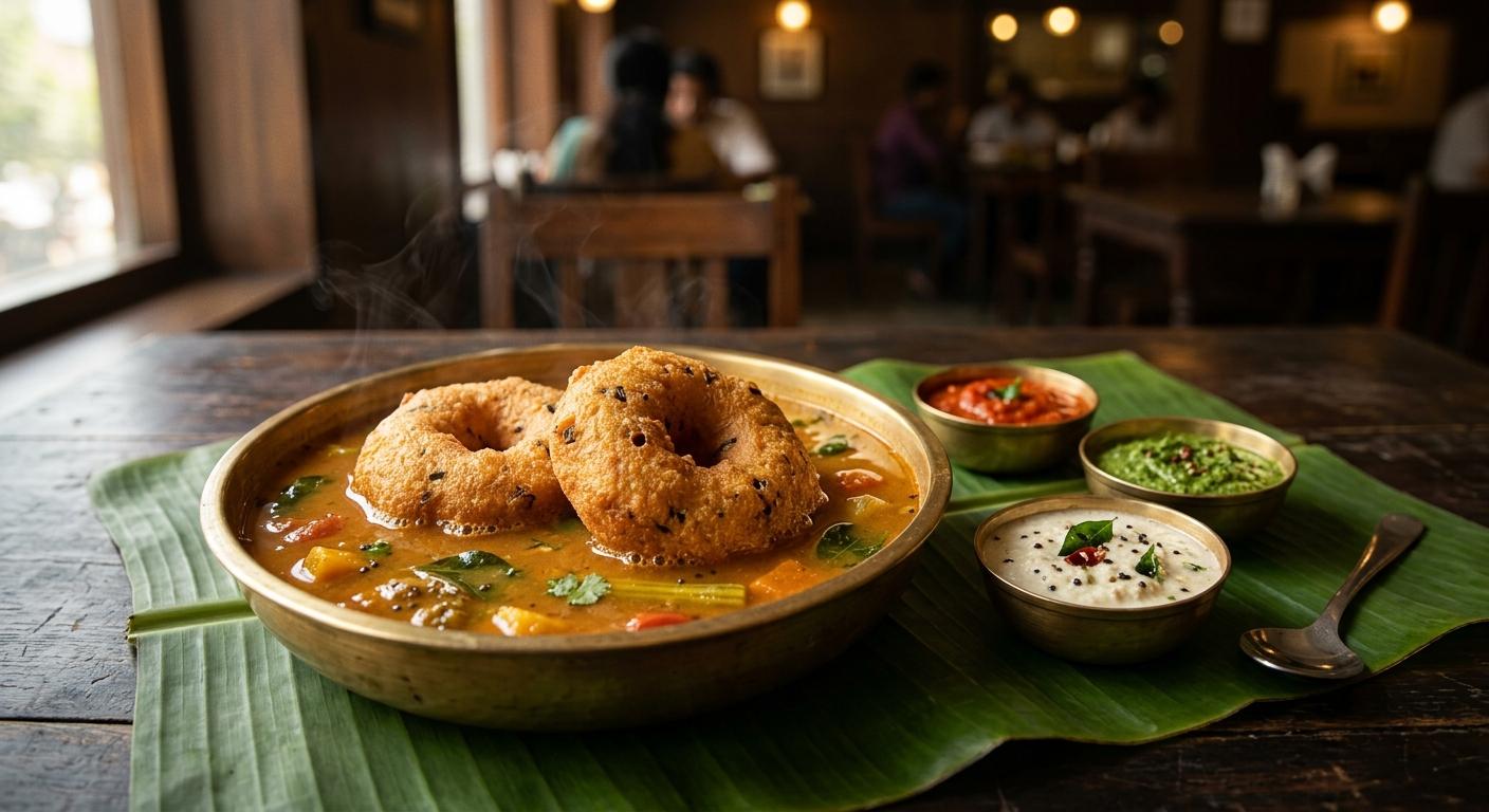 Two golden Medu Vada donuts floating in hot sambar with coconut chutney