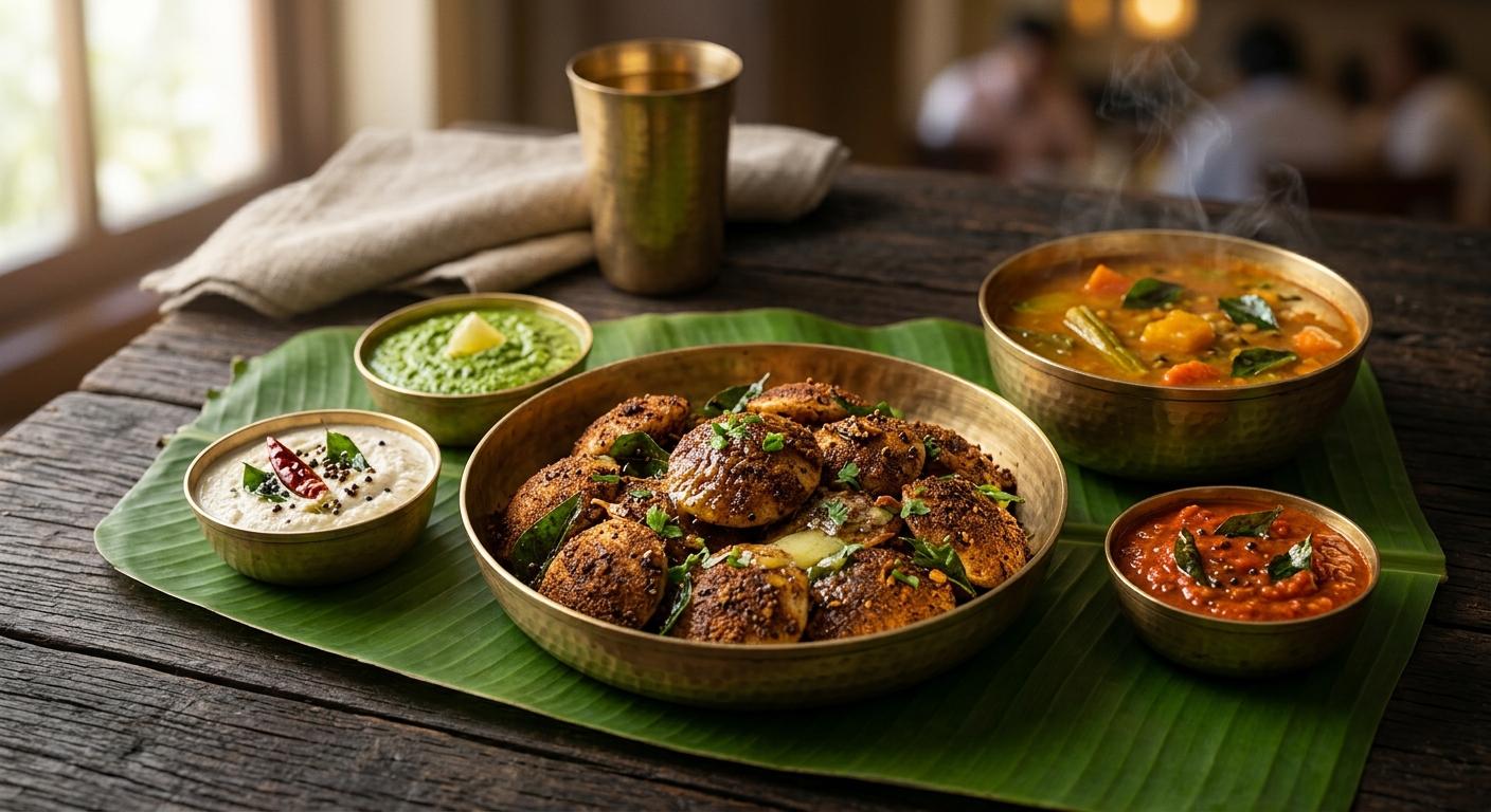 Small idlis coated in dark karuva spice podi in a brass bowl