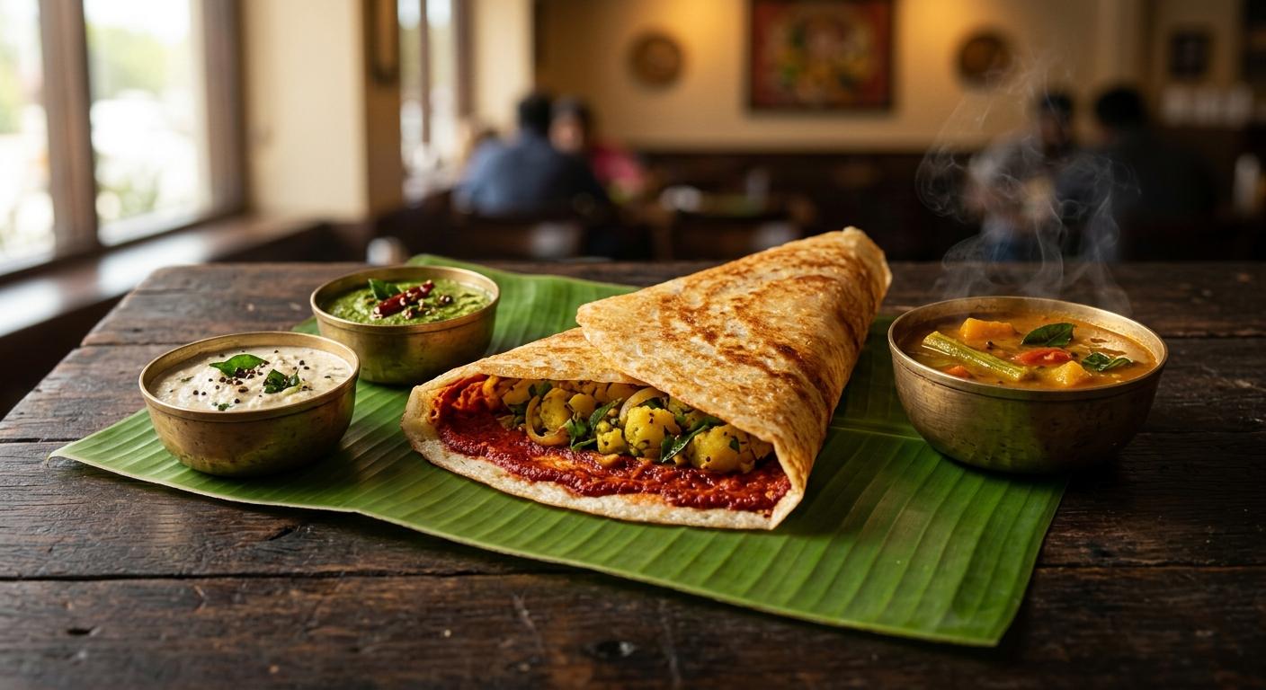 Mysore masala dosa with red chutney inside and yellow potato filling