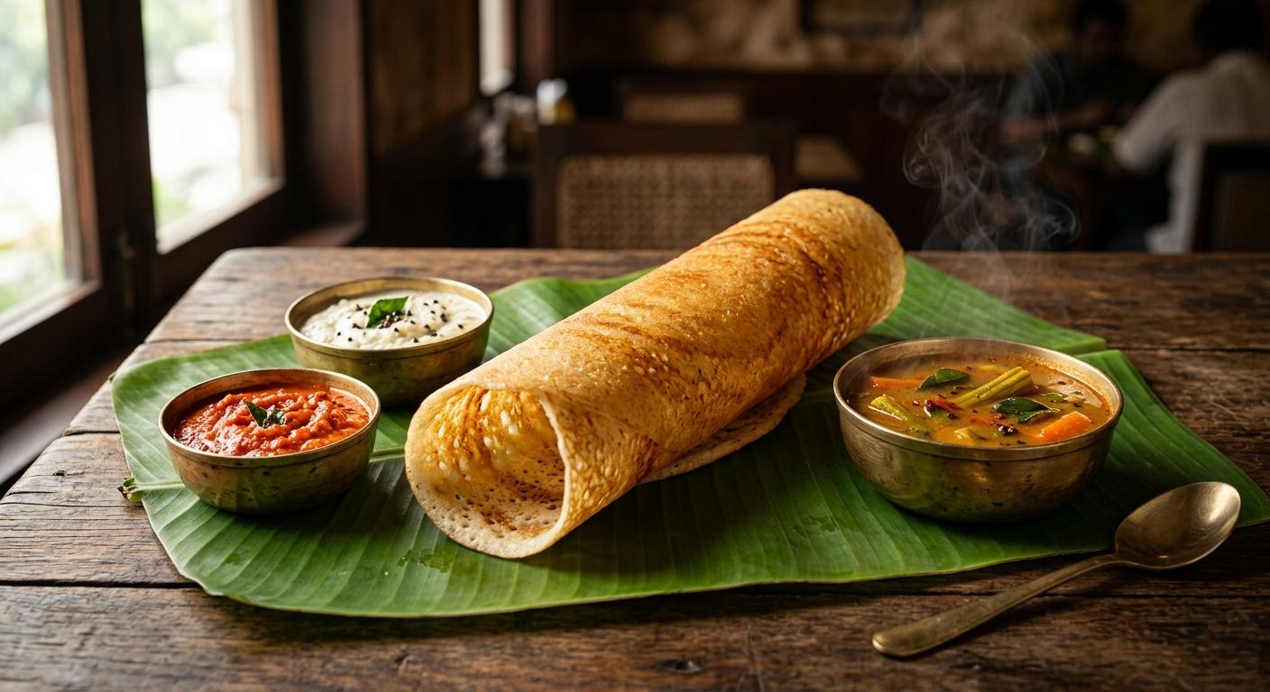 A crisp golden plain dosa rolled on banana leaf with chutneys and sambar
