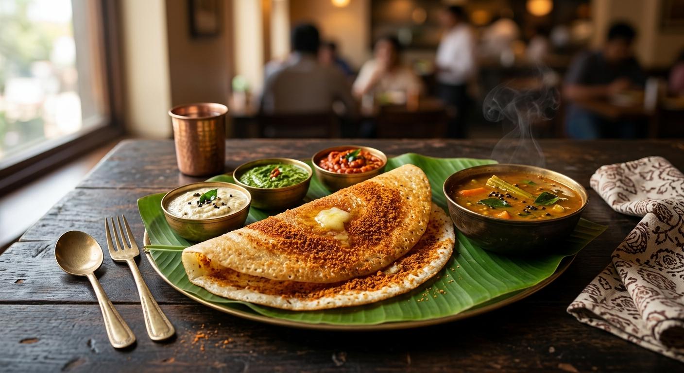 Crisp golden dosa dusted with red podi spice on banana leaf