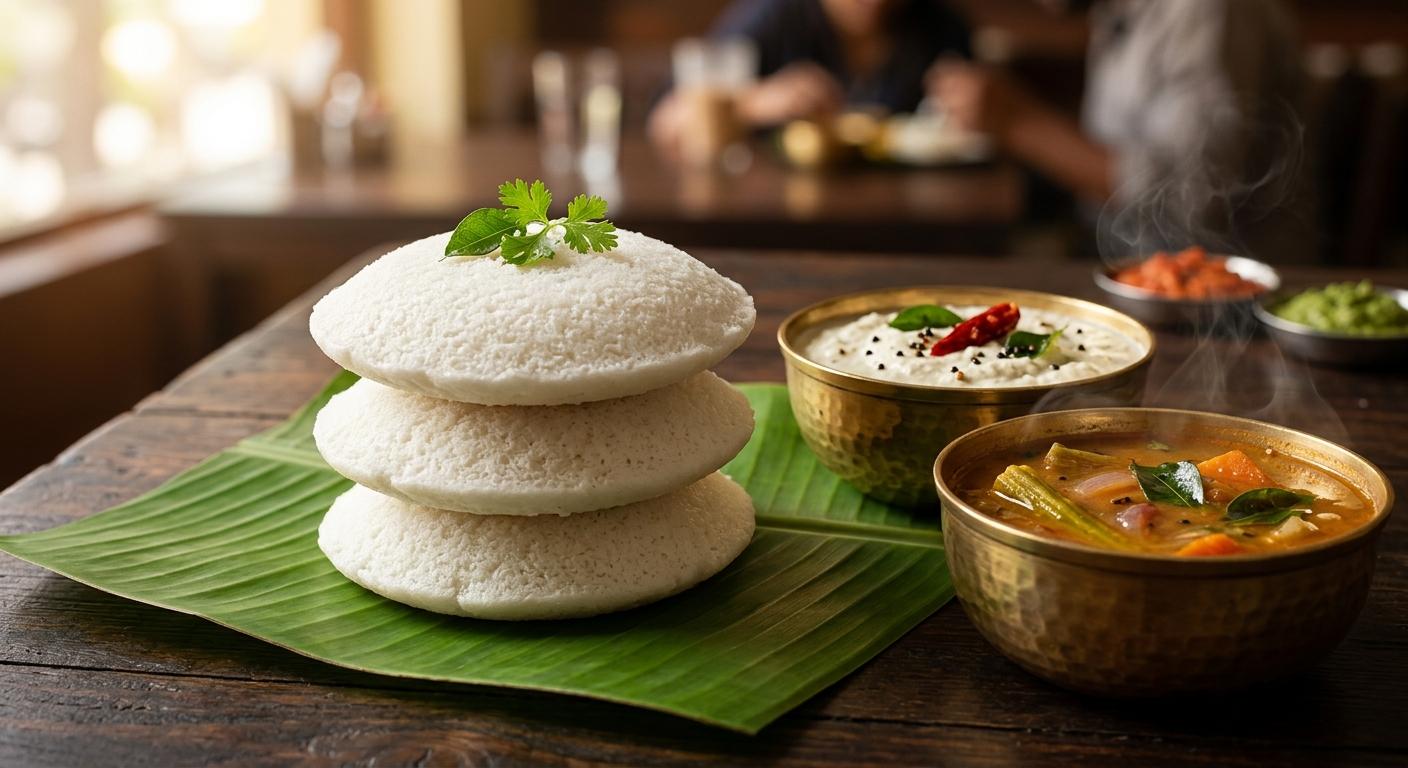 Three white steam idlis on banana leaf with sambar and coconut chutney