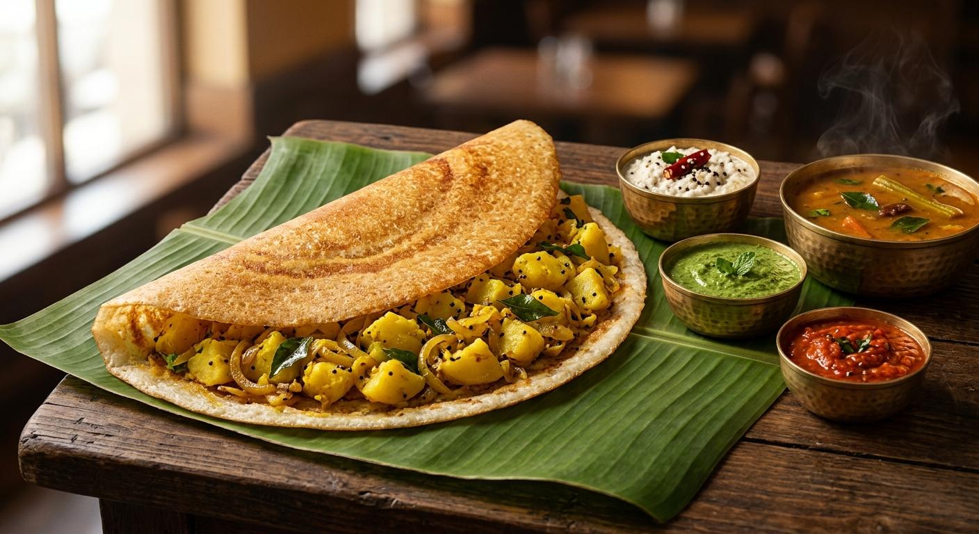 Masala dosa folded over yellow potato masala on banana leaf