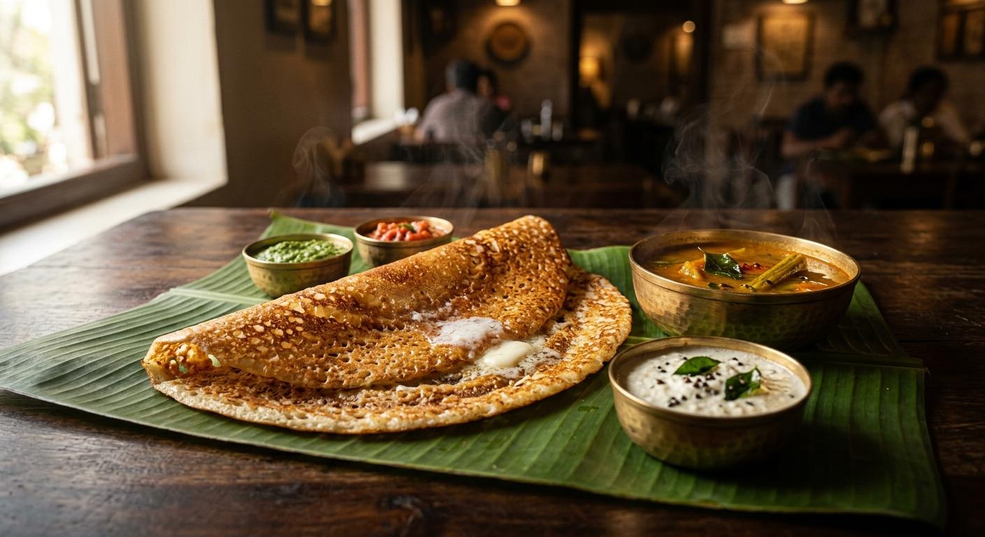 Sri Benne Dosa — golden crispy Benne Dosa on banana leaf with chutney and sambar