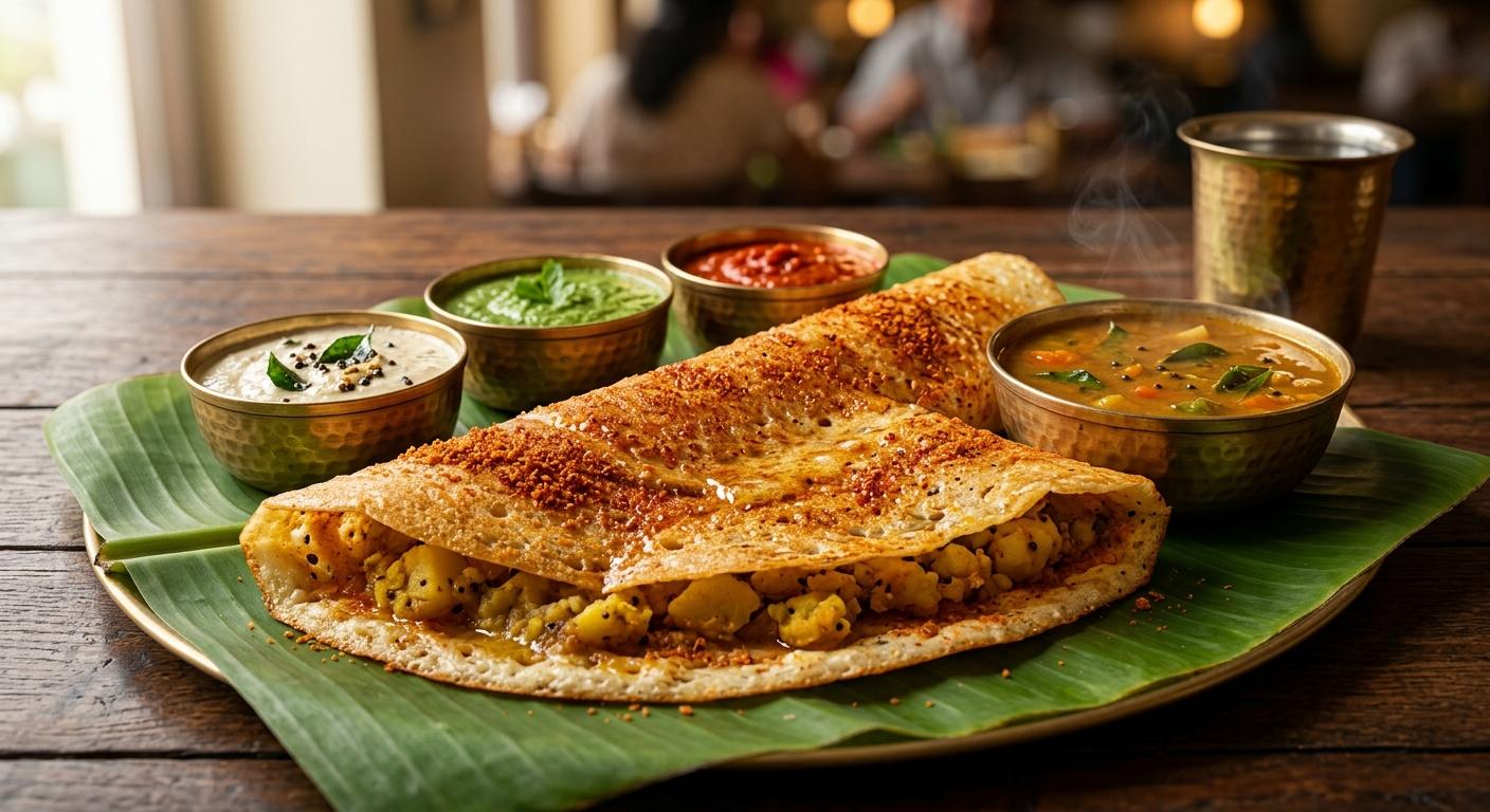 Podi-dusted dosa folded over yellow potato masala on banana leaf