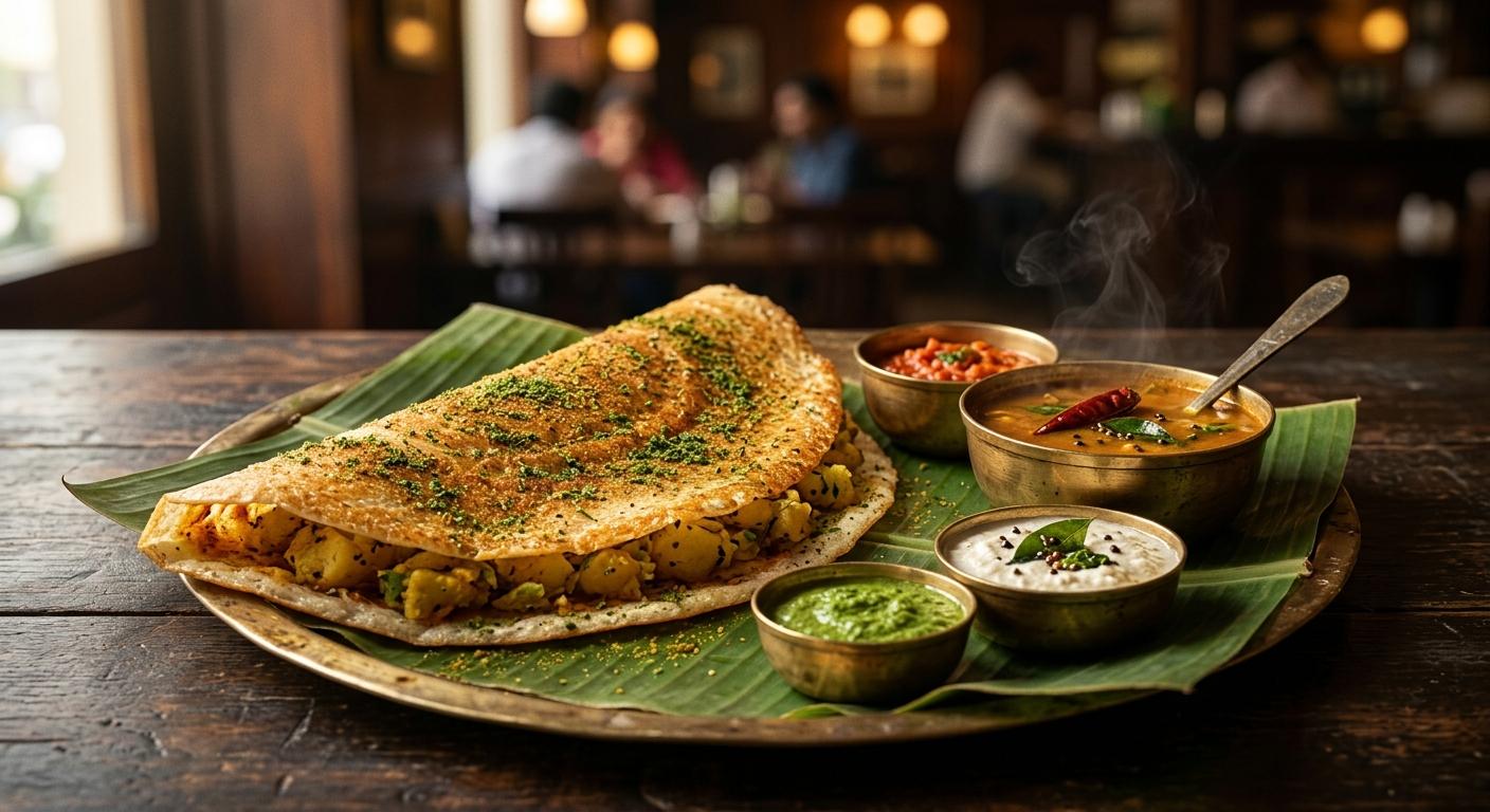 Pudina-dusted dosa folded over yellow potato masala