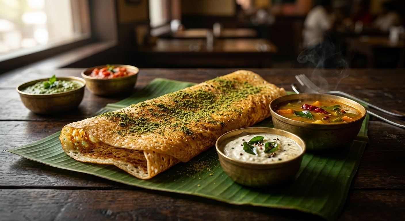 Golden dosa dusted with fresh green pudina podi spice